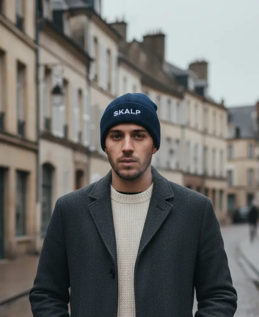 Homme portant le bonnet Blue Navy en ville