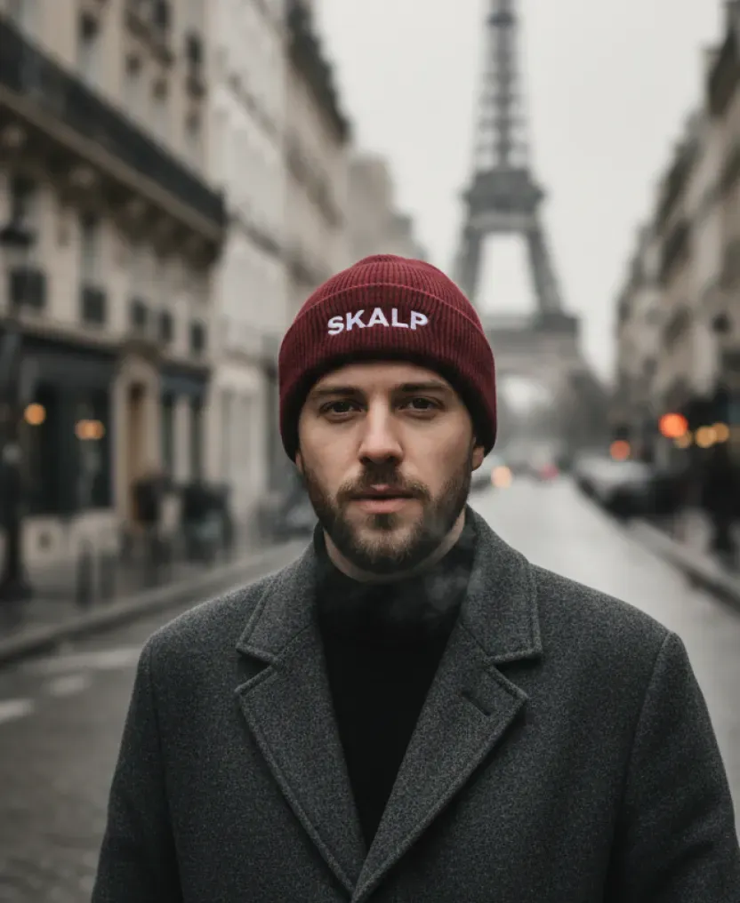 Homme portant le bonnet Royal Burgundy en ville